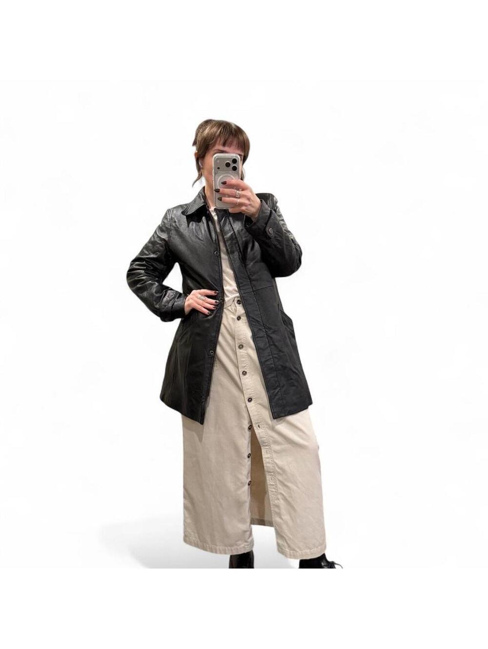 Vintage Black Leather Longline Car Coat